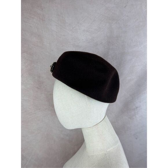 Vintage Mod 50s 60s Brown Felt Pill Box Hat - Picture 6 of 8